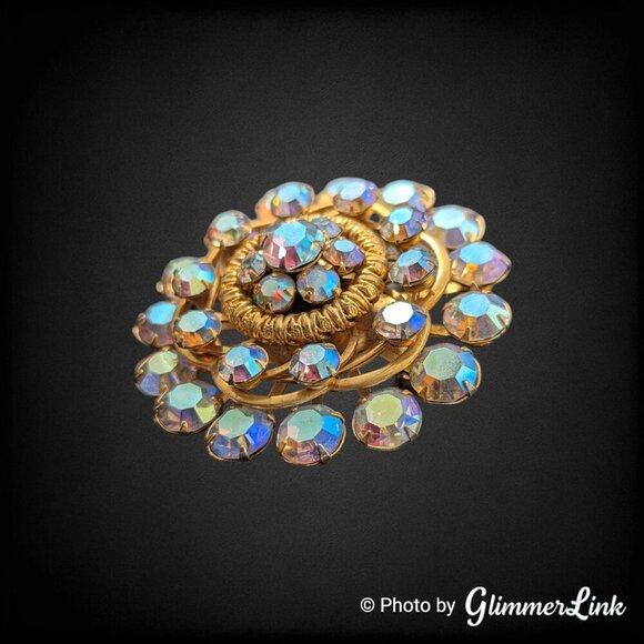Vintage Floral Round Layered Aurora Borealis Rhinestone Riveted Gold Tone Brooch - Picture 3 of 8